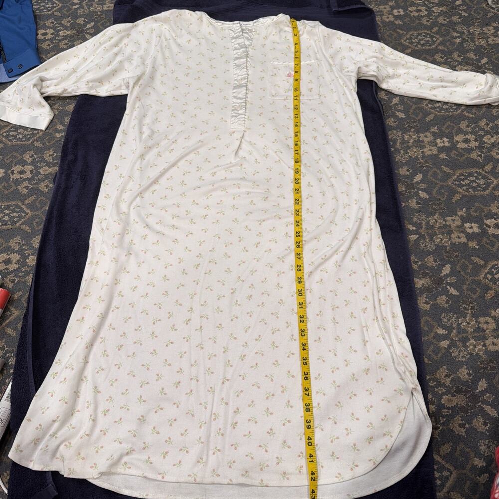 Miss Elaine Long Nightgown L Lace Long Sleeve Cream Blue Floral 4 Buttons Granny